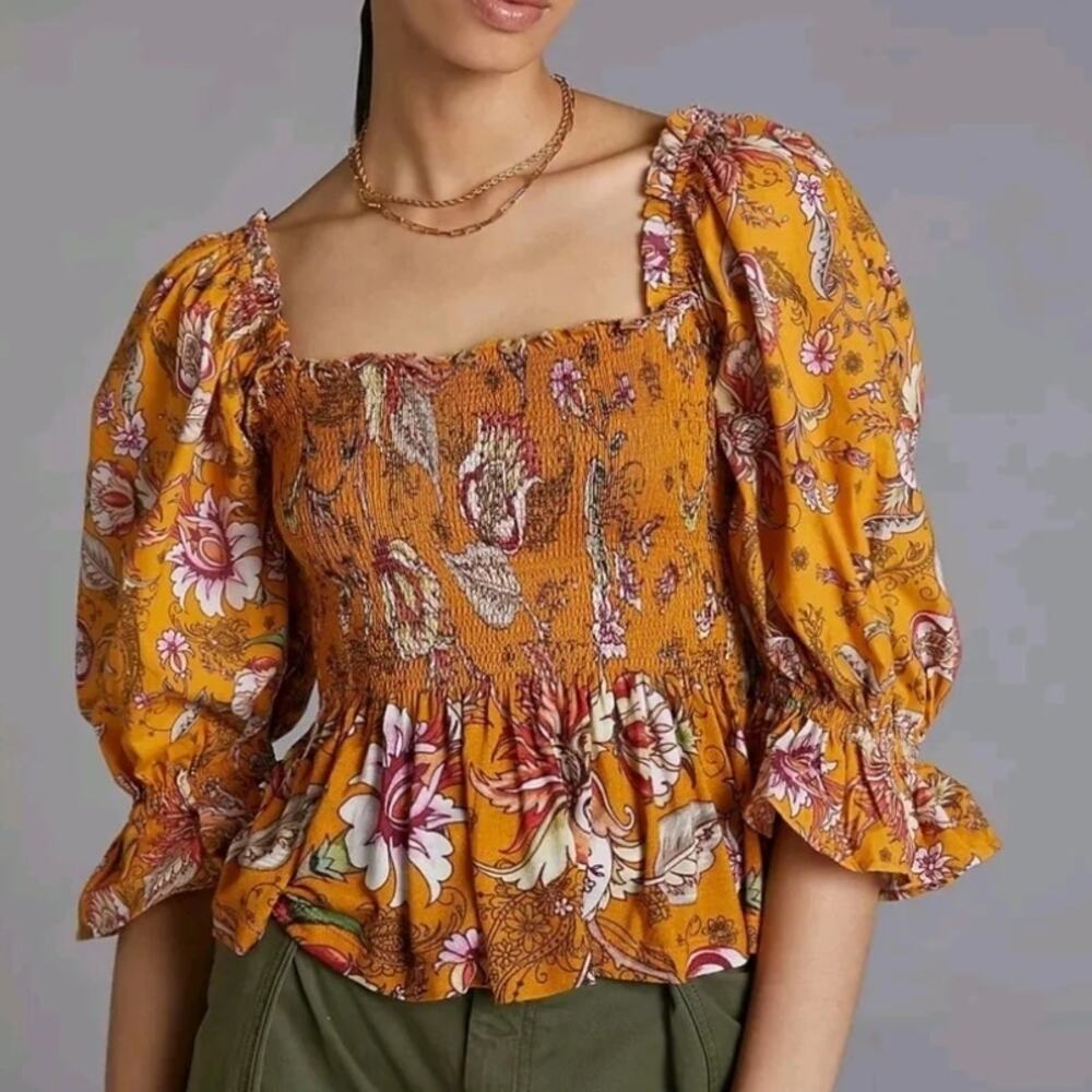 Anthropologie Floral Smocked Puff Sleeve Blouse Small Boho